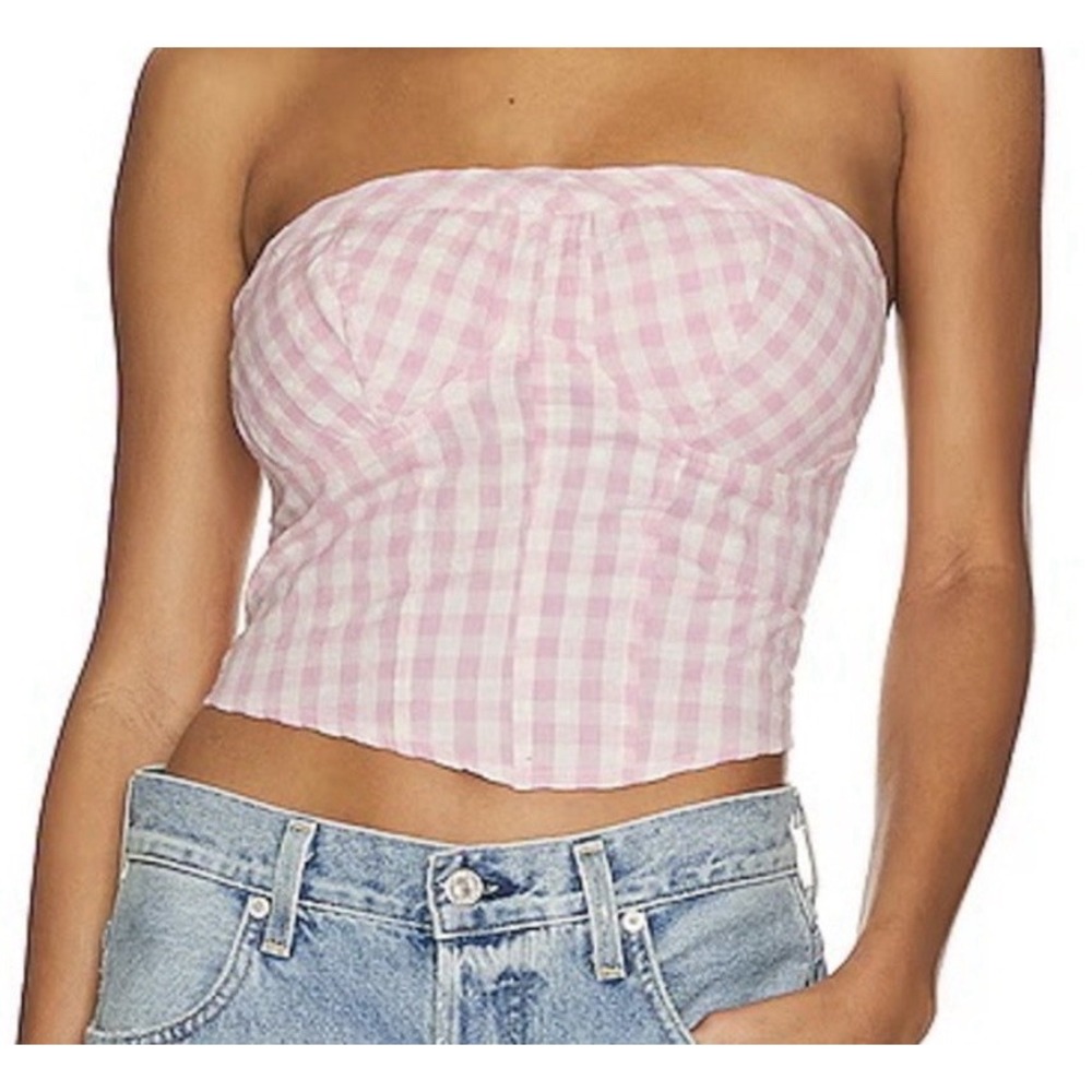 Free People Pink Gingham Smocked Crop Top Western Cowgirl Feminine Boho Size Lg